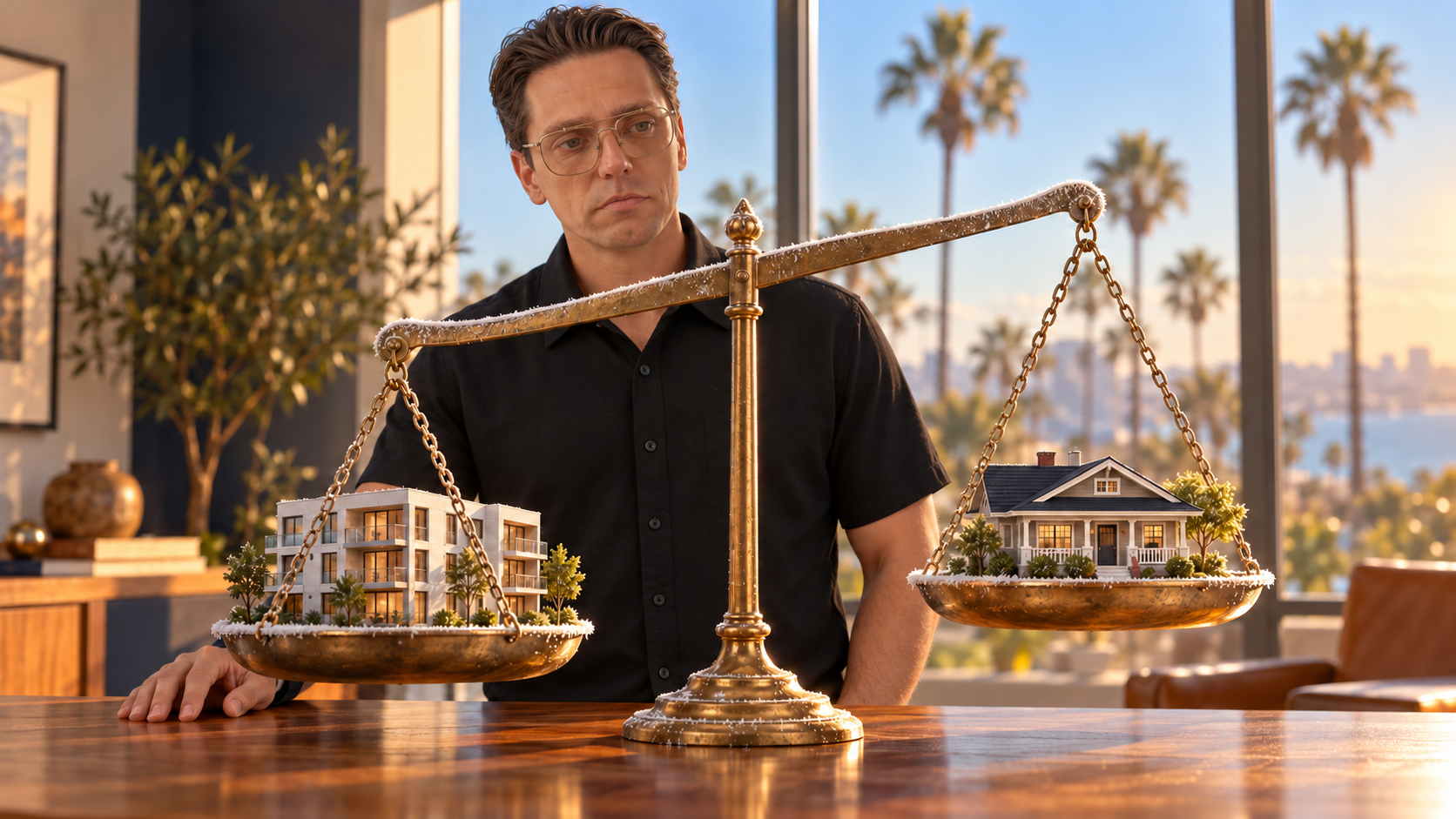 Karl weighs condos and houses on a frosted brass scale