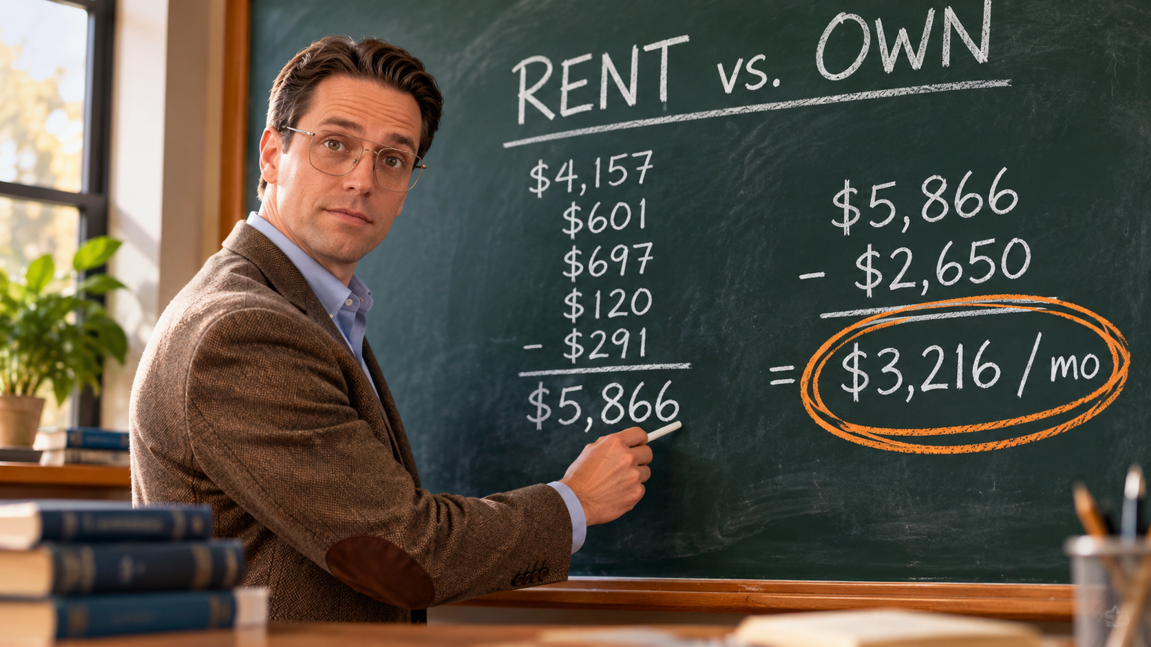Rent versus own on a classroom chalkboard