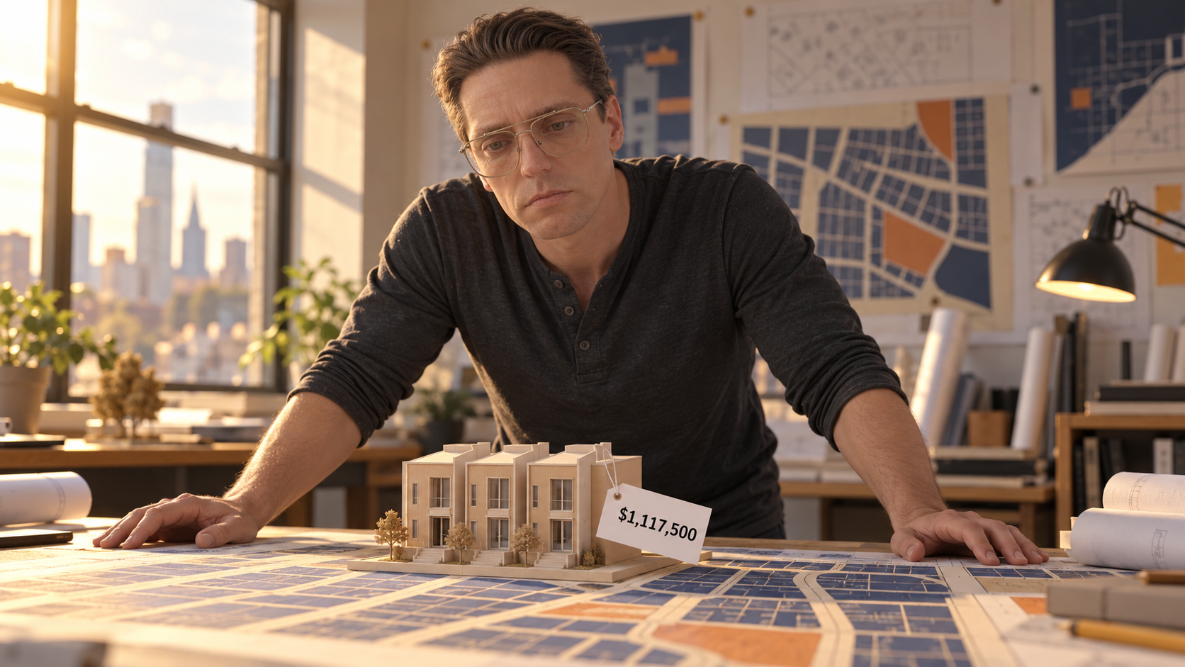 Karl studies a three-townhome model priced $1,117,500