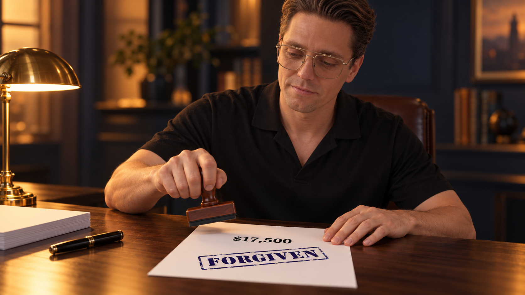 Karl stamps FORGIVEN on a $17,500 document