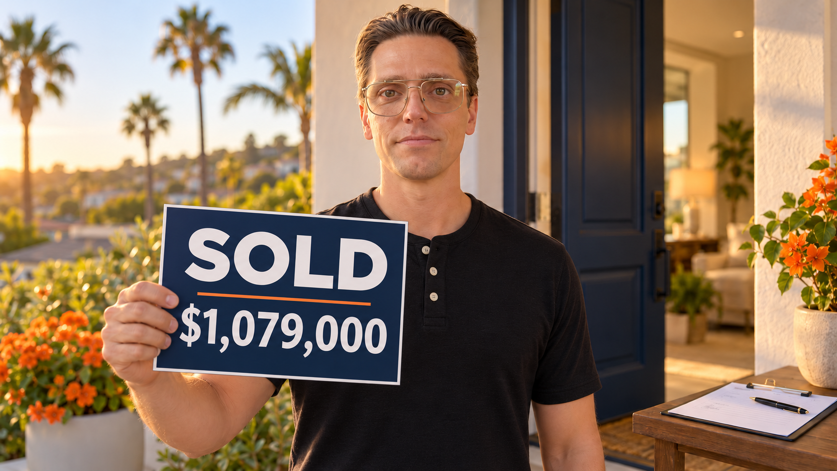 Karl holds a SOLD $1,079,000 real estate sign