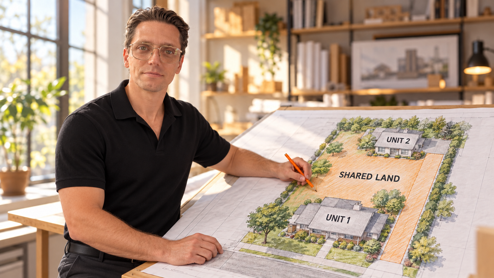 Karl explains shared land on an ADU site plan