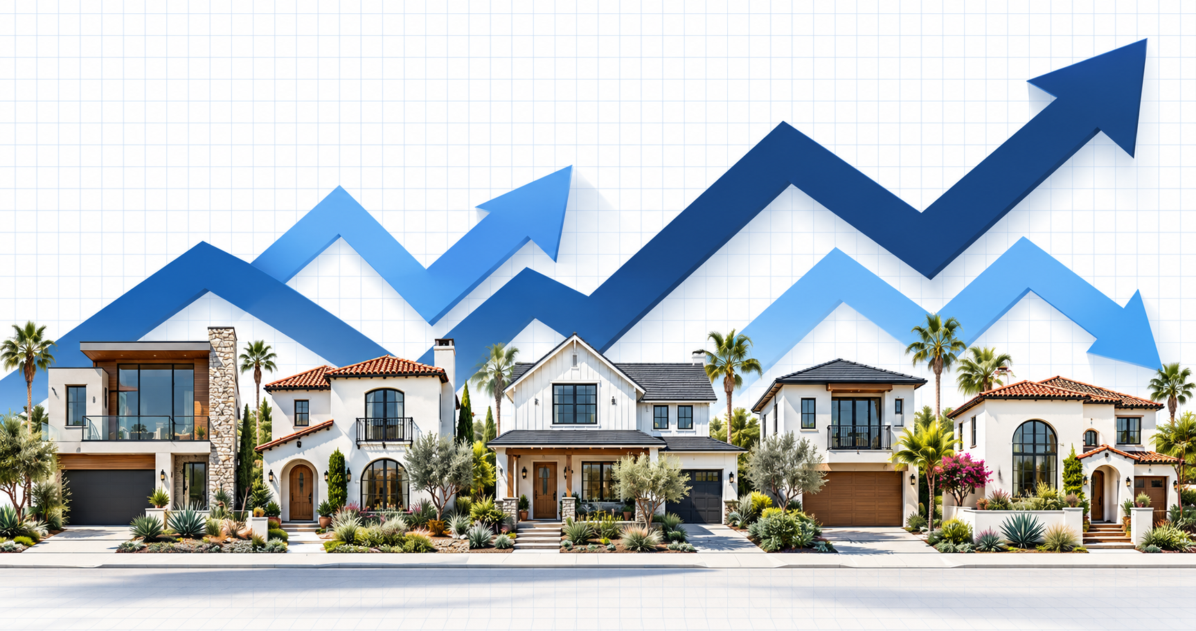Row of San Diego-style houses with blue market-direction arrows on a white grid